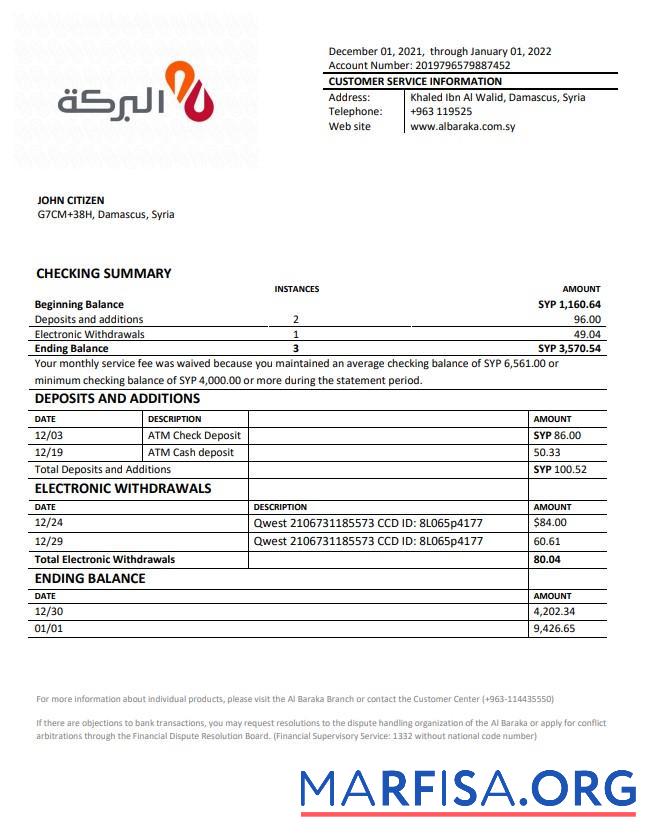 Realistic Syria Al Baraka bank statement word real example